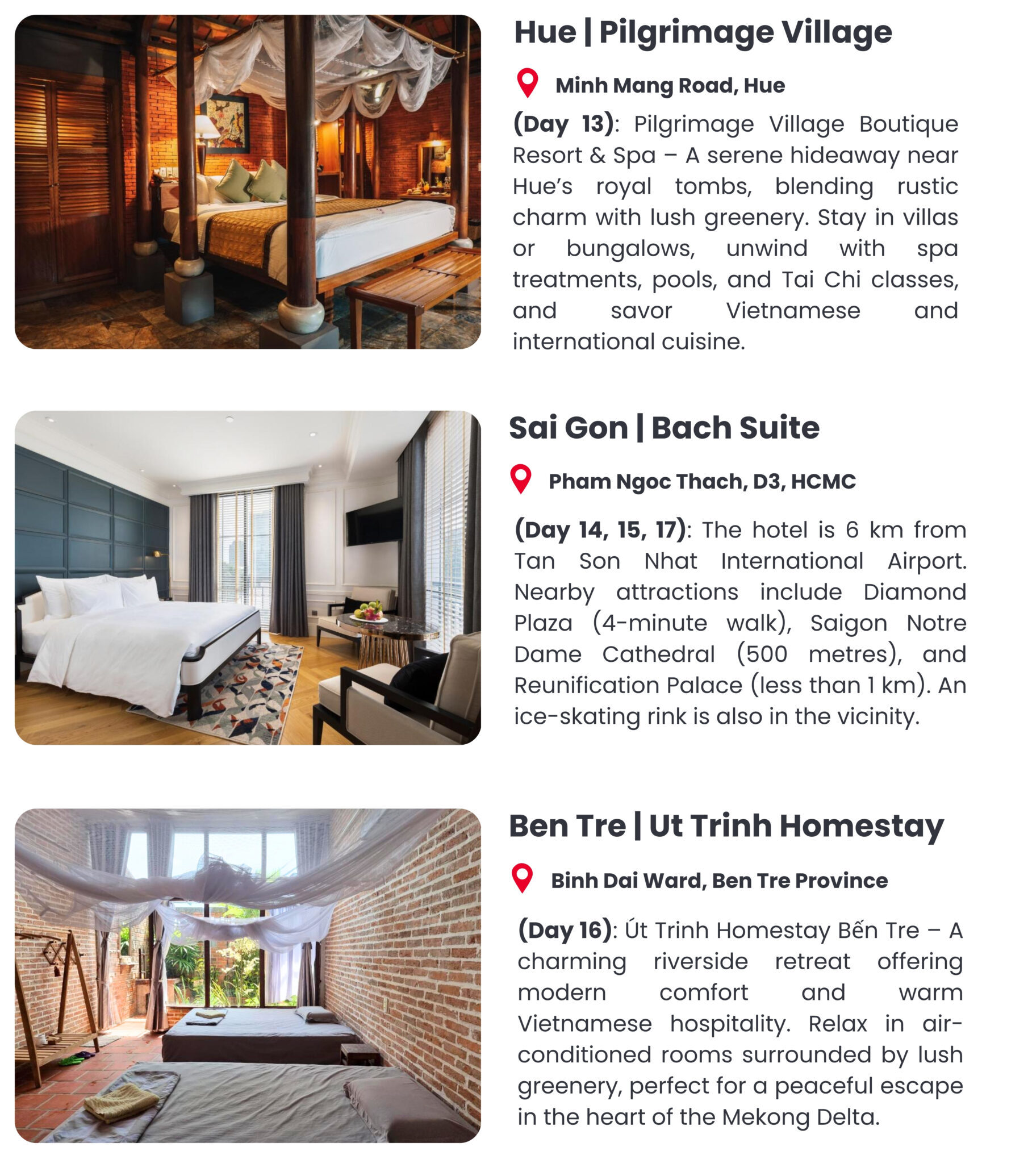 List of luxury hotels in Central and Southern Vietnam, including Hue, Saigon and Ben Tre, with room previews and descriptions